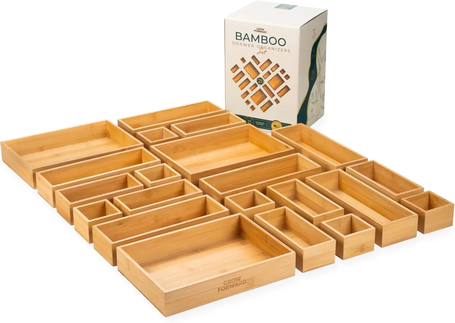 Grow Forward Bamboo Drawer Organizer Boxes - Set of 21 Wooden Drawer Organizers for Kitchen, Bathroom, Office, Desk, Vanity, Makeup - Non-Slip Junk Drawer Organizer Trays for Storage and Organization