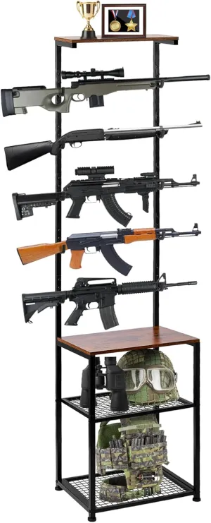 Gun Rack for 5 Rifles - Indoor Gun Rack for Wall Mount, Heavy Duty Stand Rifle Storage Organizer with 2 Bottom Storage Compartments for Ammo Boxes, Tactical Helmets & Accessories