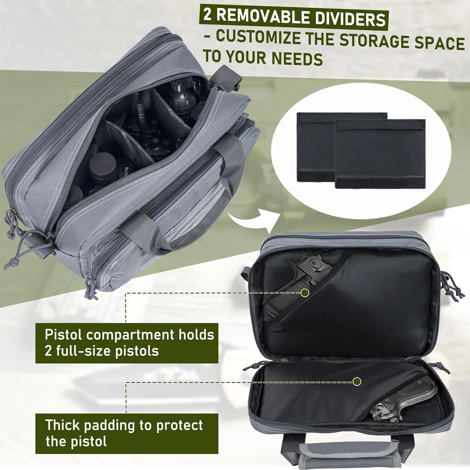 Gun Range Bag, Tactical 2 Pistol Bag for Handguns and Ammo, Firearm Shooting Case with Multi-Pockets, Duffle Bag for Shooting & Outdoor Hunting