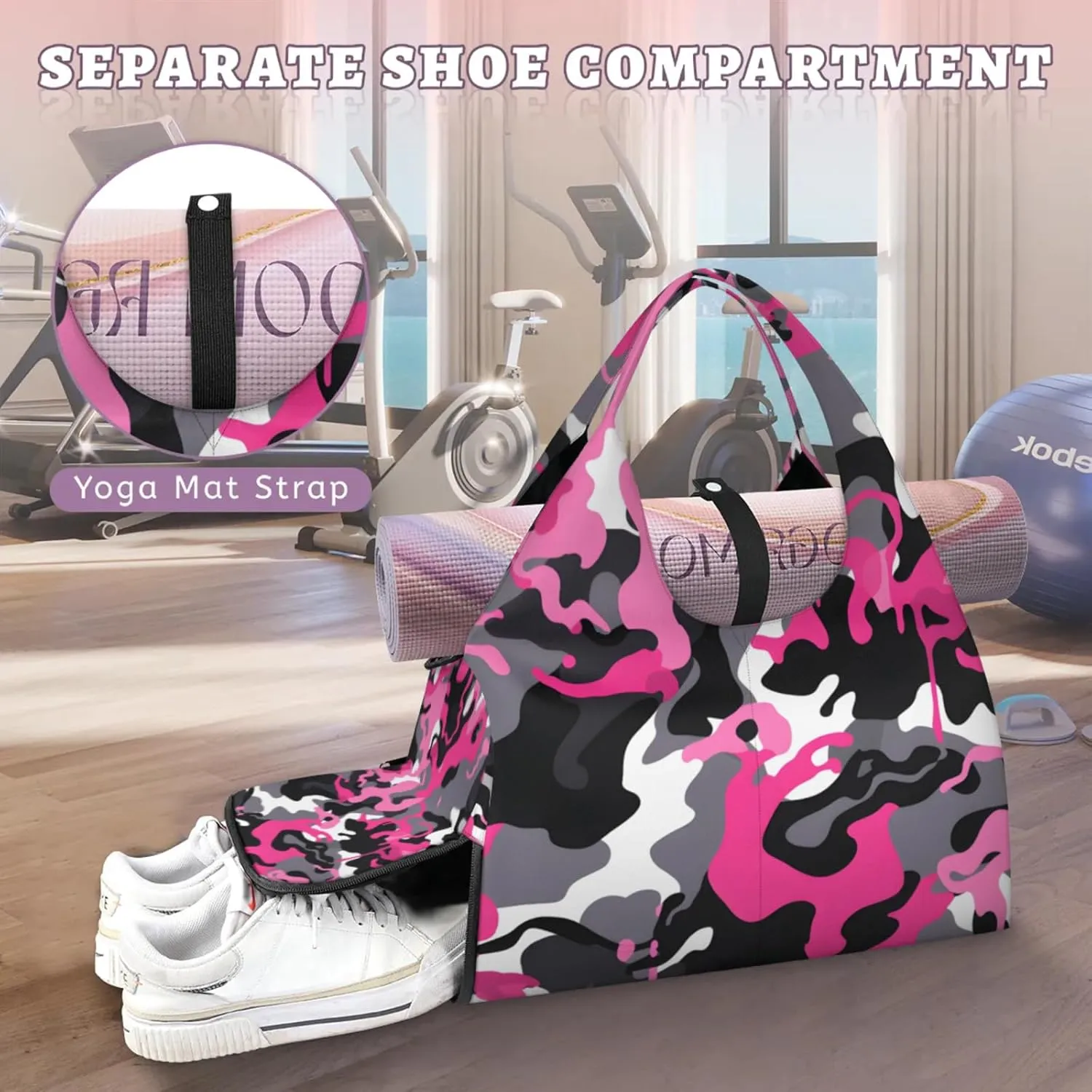 Gym Bag for Women Camouflage Printed Duffel Bag with Shoe Compartment and Yoga Mat Holder Portable Weekender Bags Travel Tote Bags