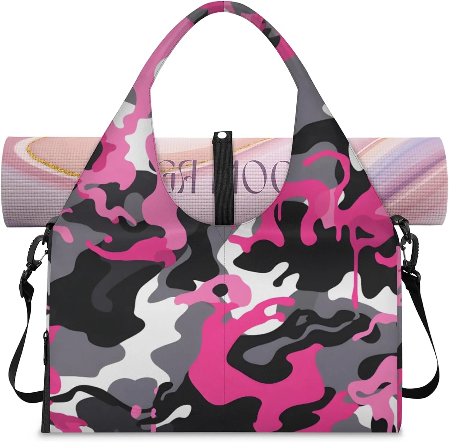 Gym Bag for Women Camouflage Printed Duffel Bag with Shoe Compartment and Yoga Mat Holder Portable Weekender Bags Travel Tote Bags