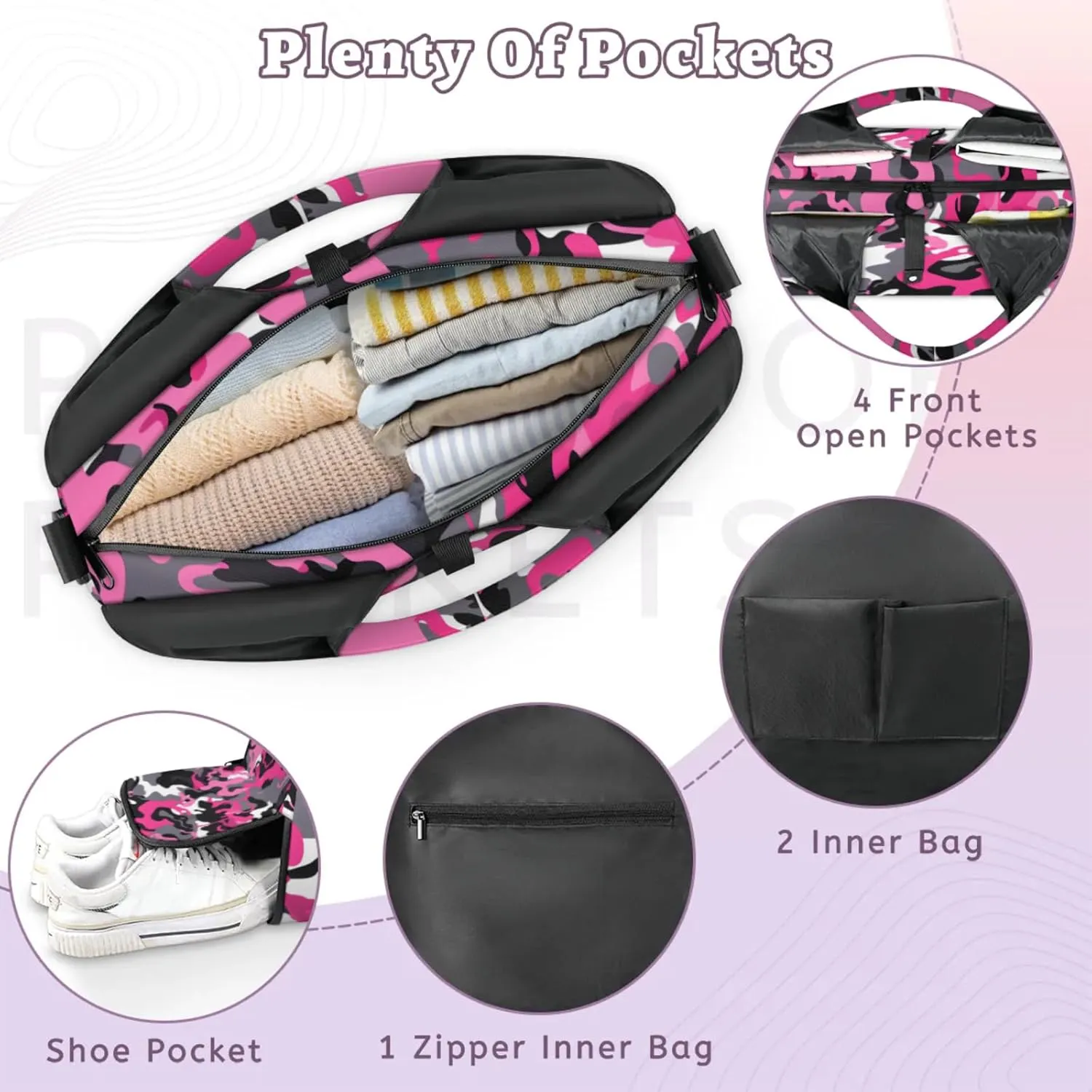 Gym Bag for Women Camouflage Printed Duffel Bag with Shoe Compartment and Yoga Mat Holder Portable Weekender Bags Travel Tote Bags