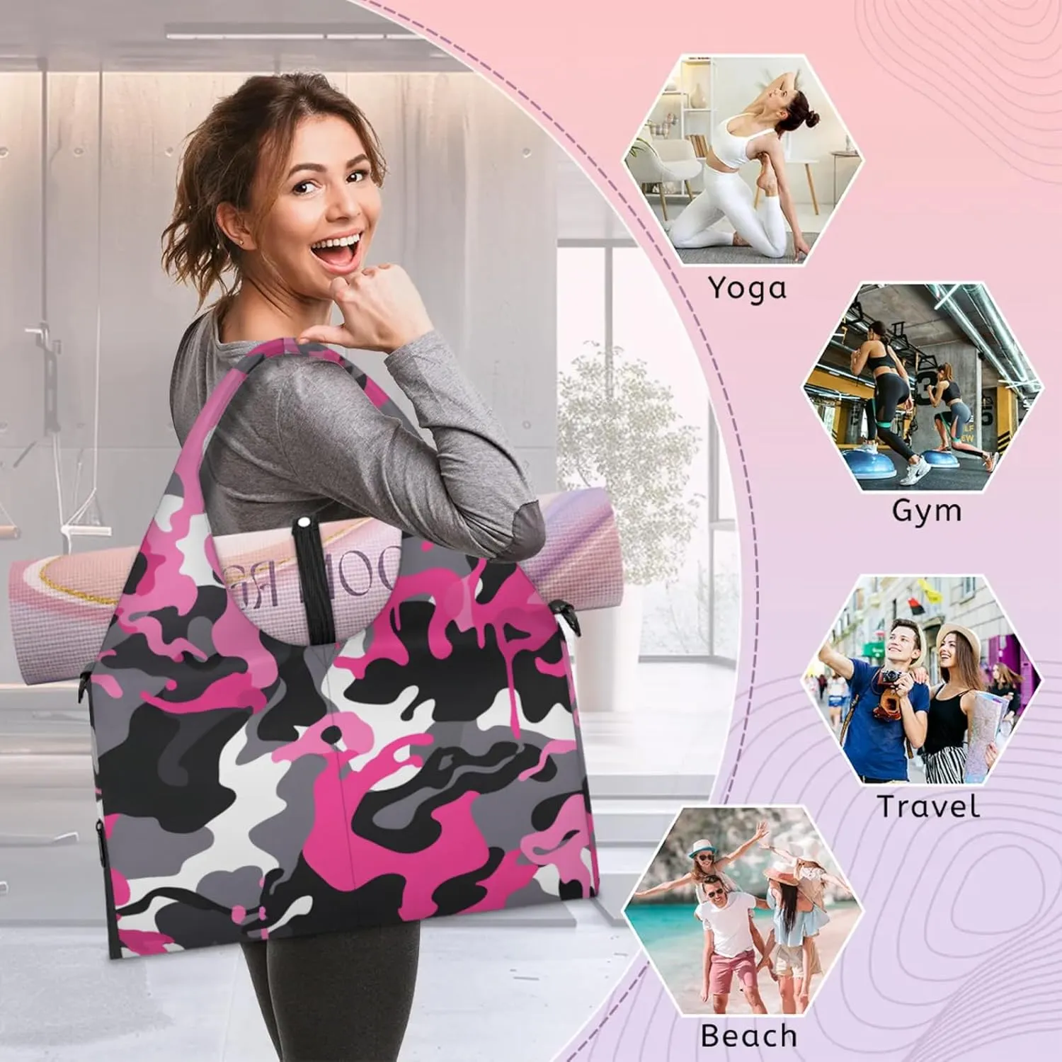 Gym Bag for Women Camouflage Printed Duffel Bag with Shoe Compartment and Yoga Mat Holder Portable Weekender Bags Travel Tote Bags