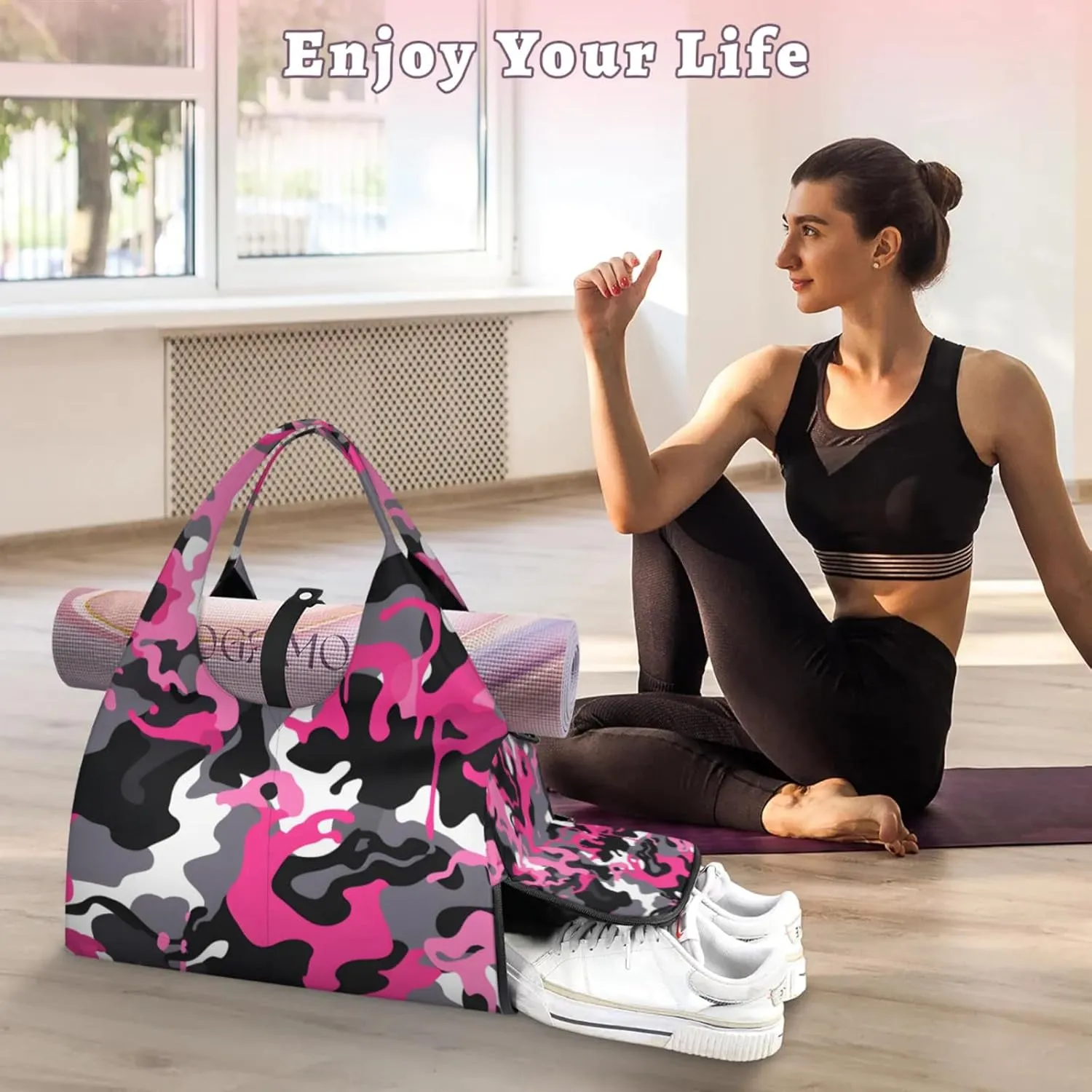 Gym Bag for Women Camouflage Printed Duffel Bag with Shoe Compartment and Yoga Mat Holder Portable Weekender Bags Travel Tote Bags