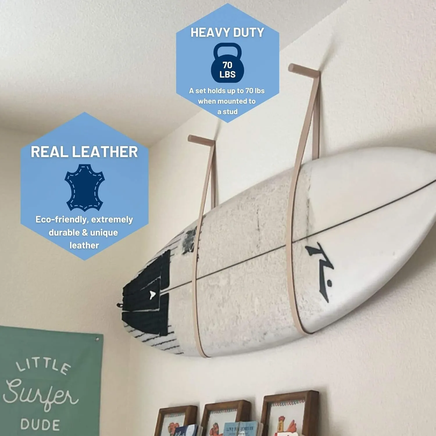 Hang 11 Surfboard Wall Mount - Surf Board Wall Hangers, Surfboard Hanger, Beautiful Sustainable Wood & Leather Rack, Perfect to Display Your Board, Horizontal Surf Racks, Surfing Accessories