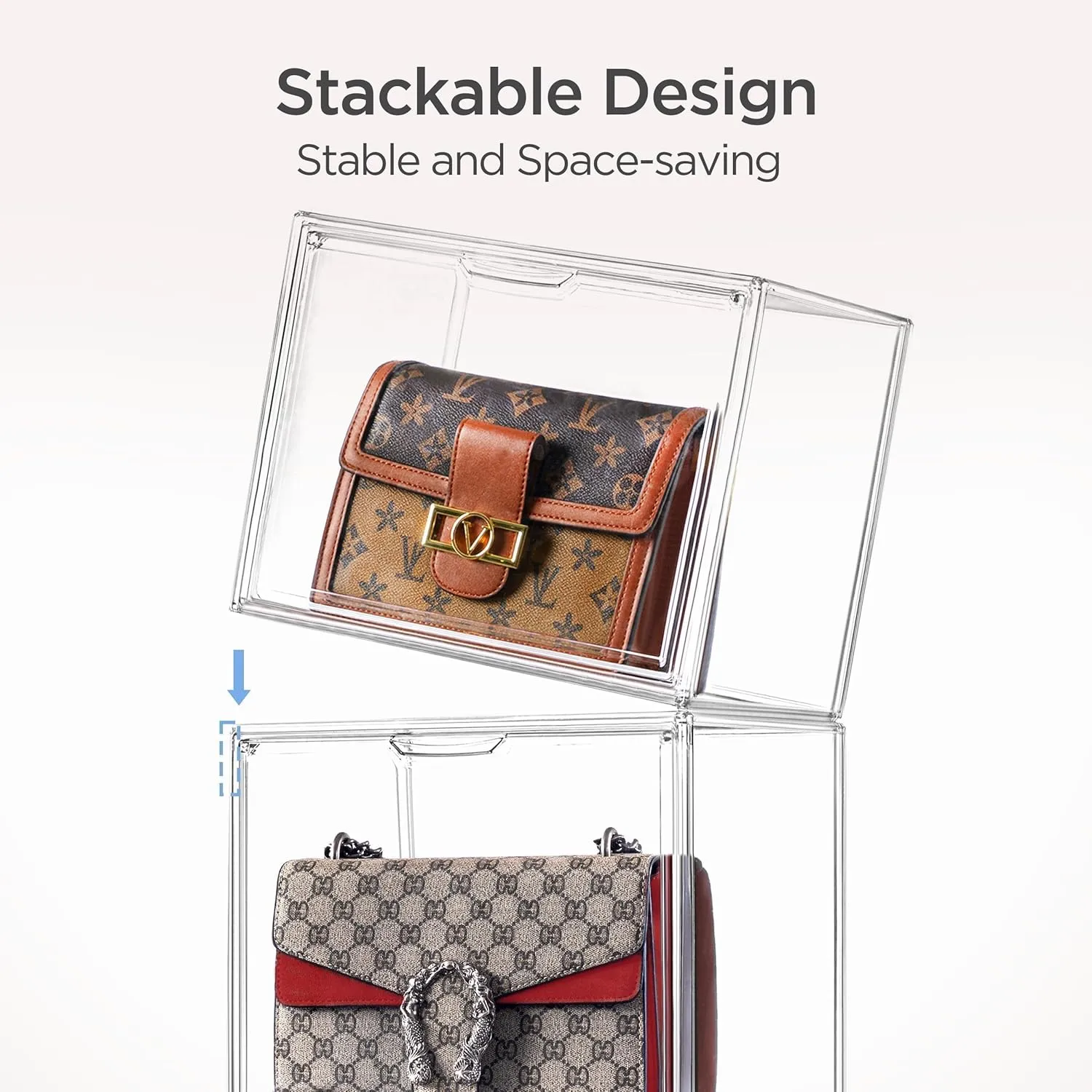 HBlife 12 Pack Purse Storage Organizer for Closet, Large Clear Stackable Handbag Display Case Box with Magnetic Door for Collectibles, Cosmetics, Women Heels and Toys