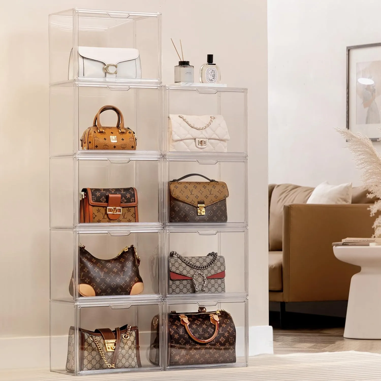 HBlife 5 Pack Purse Storage Organizer for Closet, Large Clear Stackable Handbag Display Case Box with Magnetic Door for Collectibles, Cosmetics, Women Heels and Toys