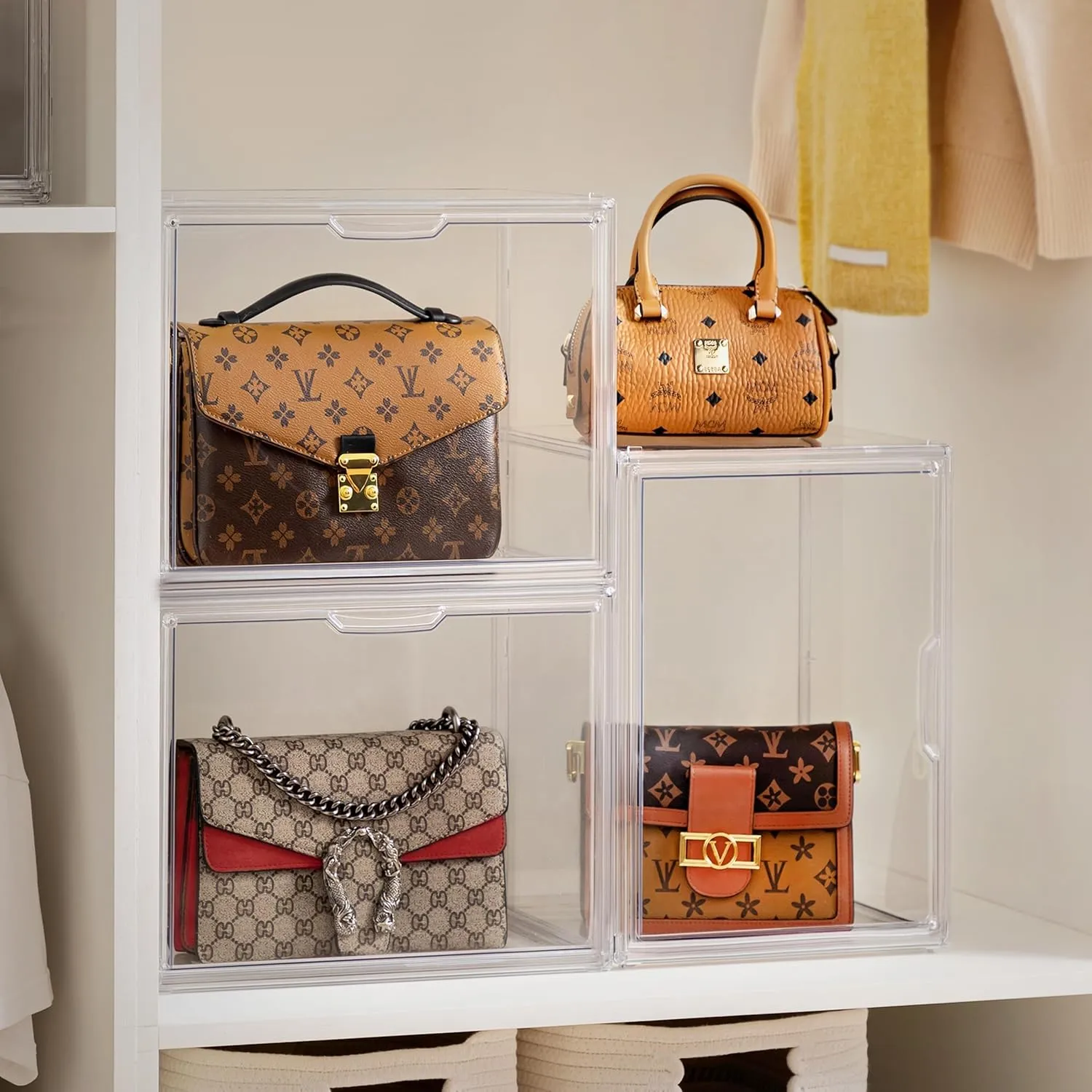 HBlife 5 Pack Purse Storage Organizer for Closet, Large Clear Stackable Handbag Display Case Box with Magnetic Door for Collectibles, Cosmetics, Women Heels and Toys