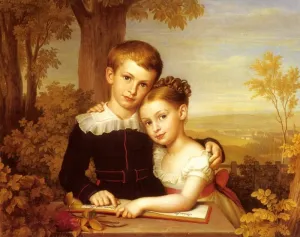 HDARTiTi Famous Painting Canvas Print Poster Print Artwork Portrait of Two Children with an Extensive Landscape Beyond by Carl Jacob Leybold Wall Art On Canvas for Office Decor 60x90cm