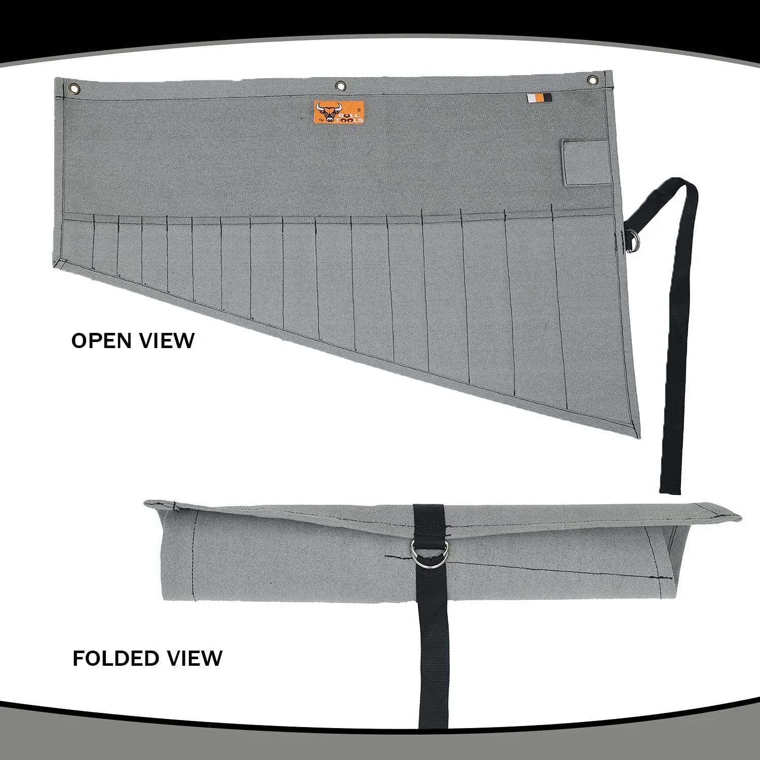 Heavy Duty Canvas Tool Organizer Roll Up Bag, 16 Pockets for Metric & SAE Wrenches, Portable Wrench Pouch for Mechanics, Durable Tool Wrap - Washed Black/Grey (Tools Not Included)