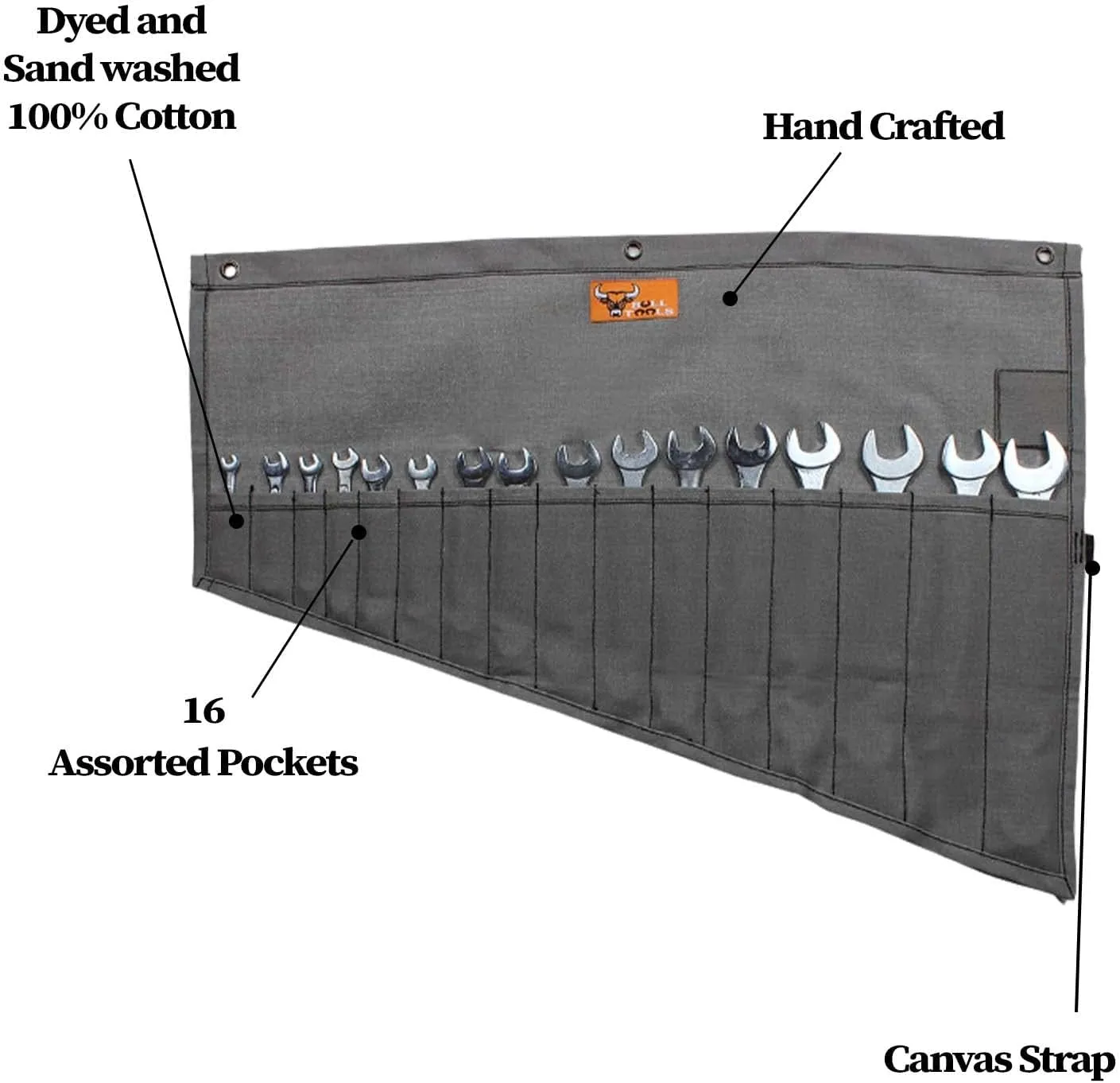 Heavy Duty Canvas Tool Organizer Roll Up Bag, 16 Pockets for Metric & SAE Wrenches, Portable Wrench Pouch for Mechanics, Durable Tool Wrap - Washed Black/Grey (Tools Not Included)