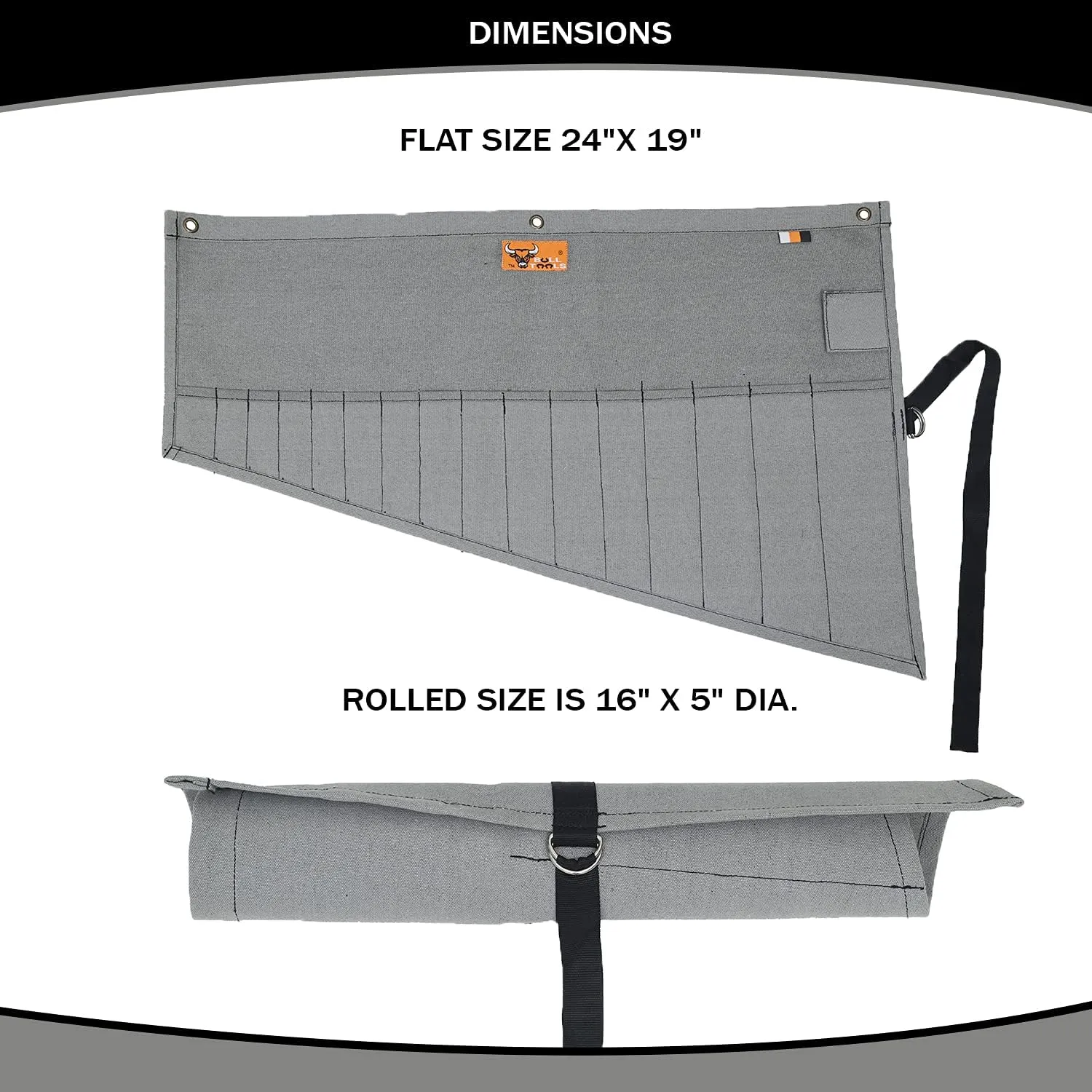 Heavy Duty Canvas Tool Organizer Roll Up Bag, 16 Pockets for Metric & SAE Wrenches, Portable Wrench Pouch for Mechanics, Durable Tool Wrap - Washed Black/Grey (Tools Not Included)