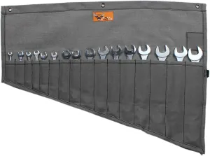 Heavy Duty Canvas Tool Organizer Roll Up Bag, 16 Pockets for Metric & SAE Wrenches, Portable Wrench Pouch for Mechanics, Durable Tool Wrap - Washed Black/Grey (Tools Not Included)
