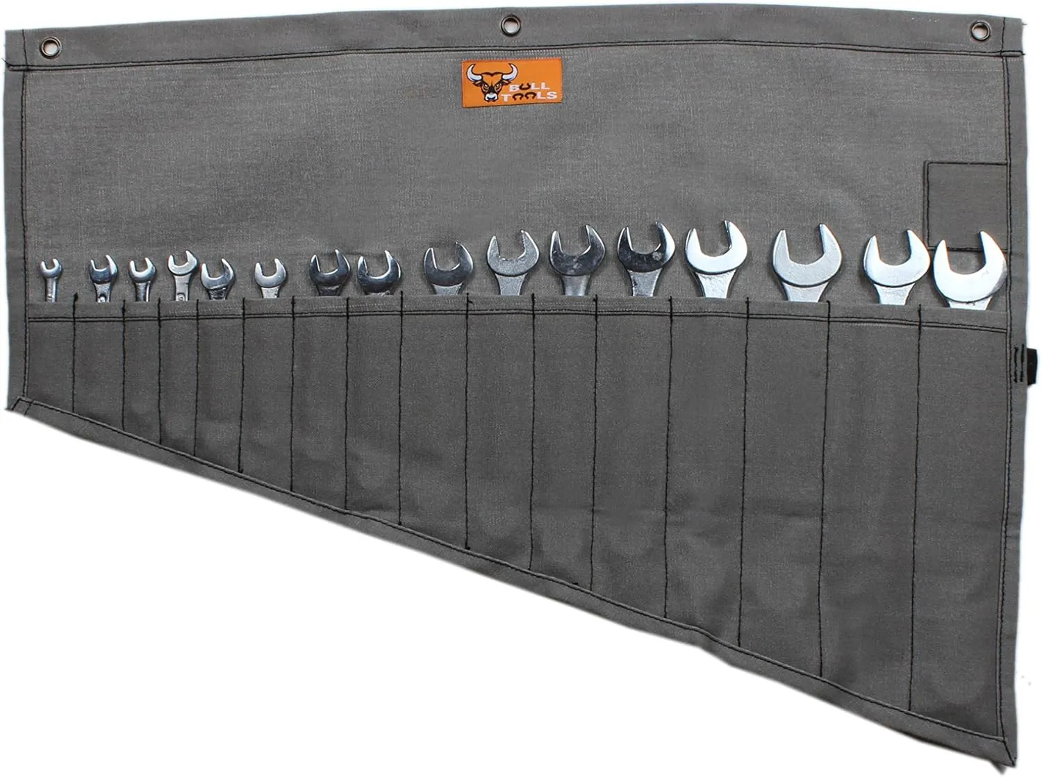 Heavy Duty Canvas Tool Organizer Roll Up Bag, 16 Pockets for Metric & SAE Wrenches, Portable Wrench Pouch for Mechanics, Durable Tool Wrap - Washed Black/Grey (Tools Not Included)