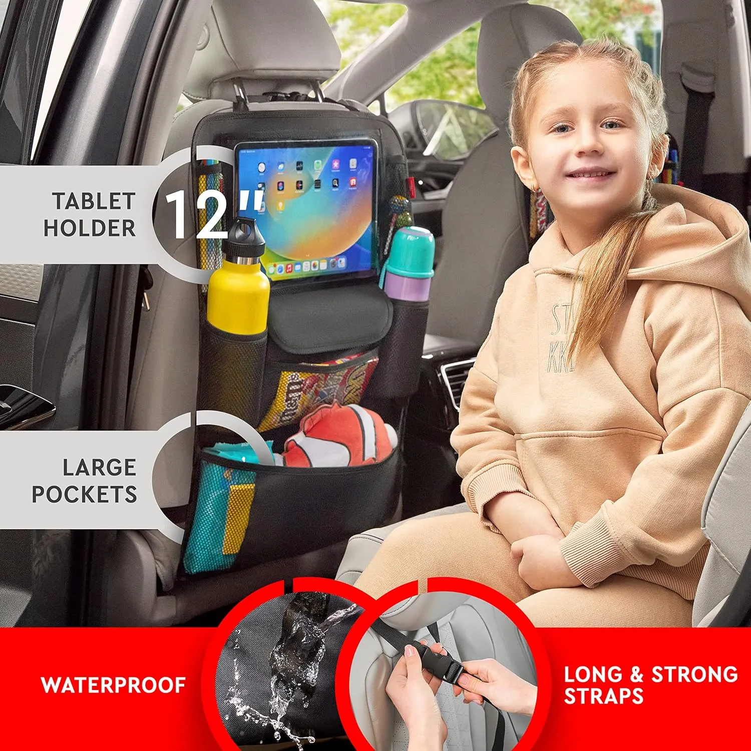 Helteko Car Seat Organizer, Ultra Version Kids Backseat Car Organizers and Storage, Waterproof Back Seat Protector Kick Mats with Tablet Holder 12" Car Accessories Interior, Gray, 1 Pack
