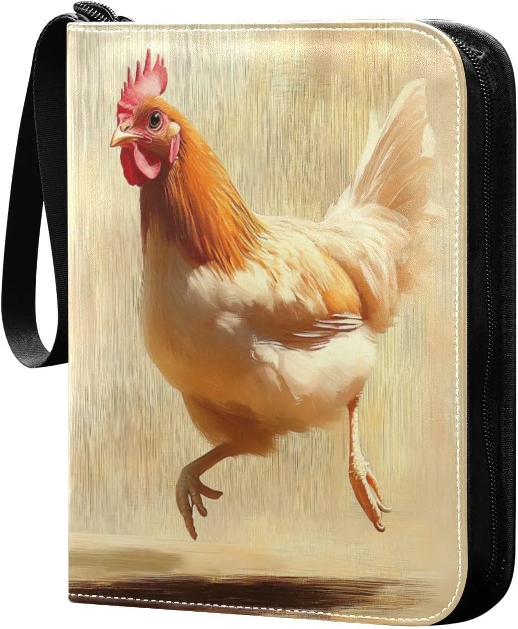 Hen Running Oil Painting Cards Binder 4 Pocket Fits 400 Cards with 50 Removable Sleevesves, Trading Card Collector Zipper Album Holder Portable Card Games Display Storage Cases