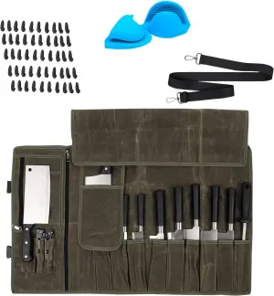 HERSENT Waxed Canvas Chef’s Knife Roll Bag,Army Green Knife Wrap,Portable Knife Roll,Waterproof Pocket Knife Carrier,Durable 16oz Knife Case With Adjustable Shoulder Strap