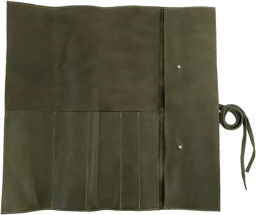 Hide & Drink, Rustic Knife Roll Case (5 Pockets), Compact Carry-On Bag for Traveling Chefs & Cooks, Kitchen Tool Storage Organizer, Full Grain Leather, Handmade, Dark Jade