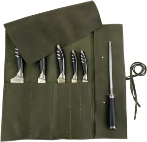 Hide & Drink, Rustic Knife Roll Case (5 Pockets), Compact Carry-On Bag for Traveling Chefs & Cooks, Kitchen Tool Storage Organizer, Full Grain Leather, Handmade, Dark Jade