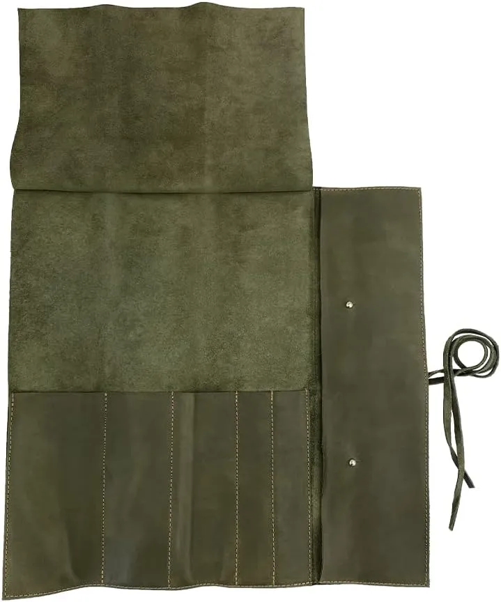 Hide & Drink, Rustic Knife Roll Case (5 Pockets), Compact Carry-On Bag for Traveling Chefs & Cooks, Kitchen Tool Storage Organizer, Full Grain Leather, Handmade, Dark Jade