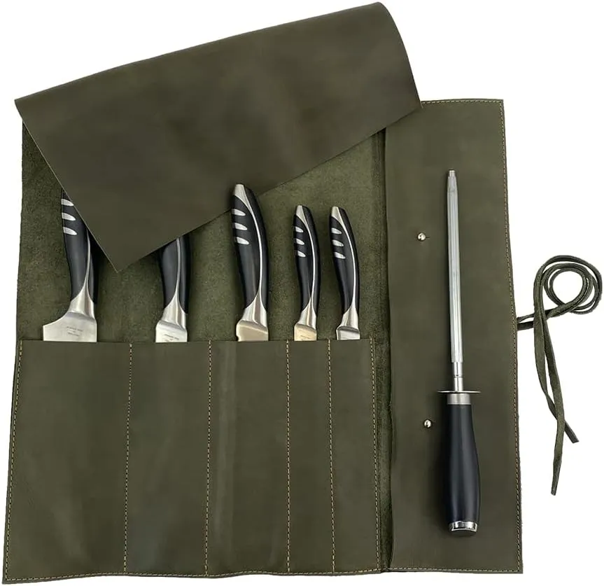 Hide & Drink, Rustic Knife Roll Case (5 Pockets), Compact Carry-On Bag for Traveling Chefs & Cooks, Kitchen Tool Storage Organizer, Full Grain Leather, Handmade, Dark Jade