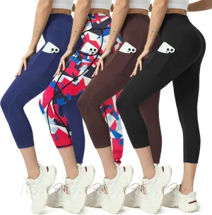 High Waisted Yoga Leggings for Women 4 Pack - Tummy Control Workout Capris with Pockets