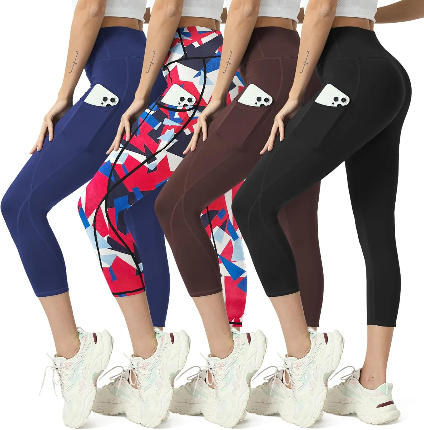 High Waisted Yoga Leggings for Women 4 Pack - Tummy Control Workout Capris with Pockets