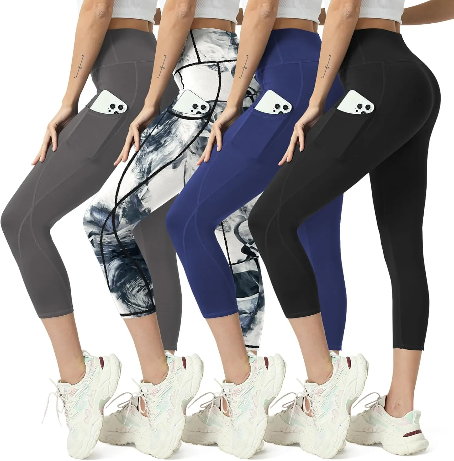 High Waisted Yoga Leggings for Women 4 Pack - Tummy Control Workout Capris with Pockets