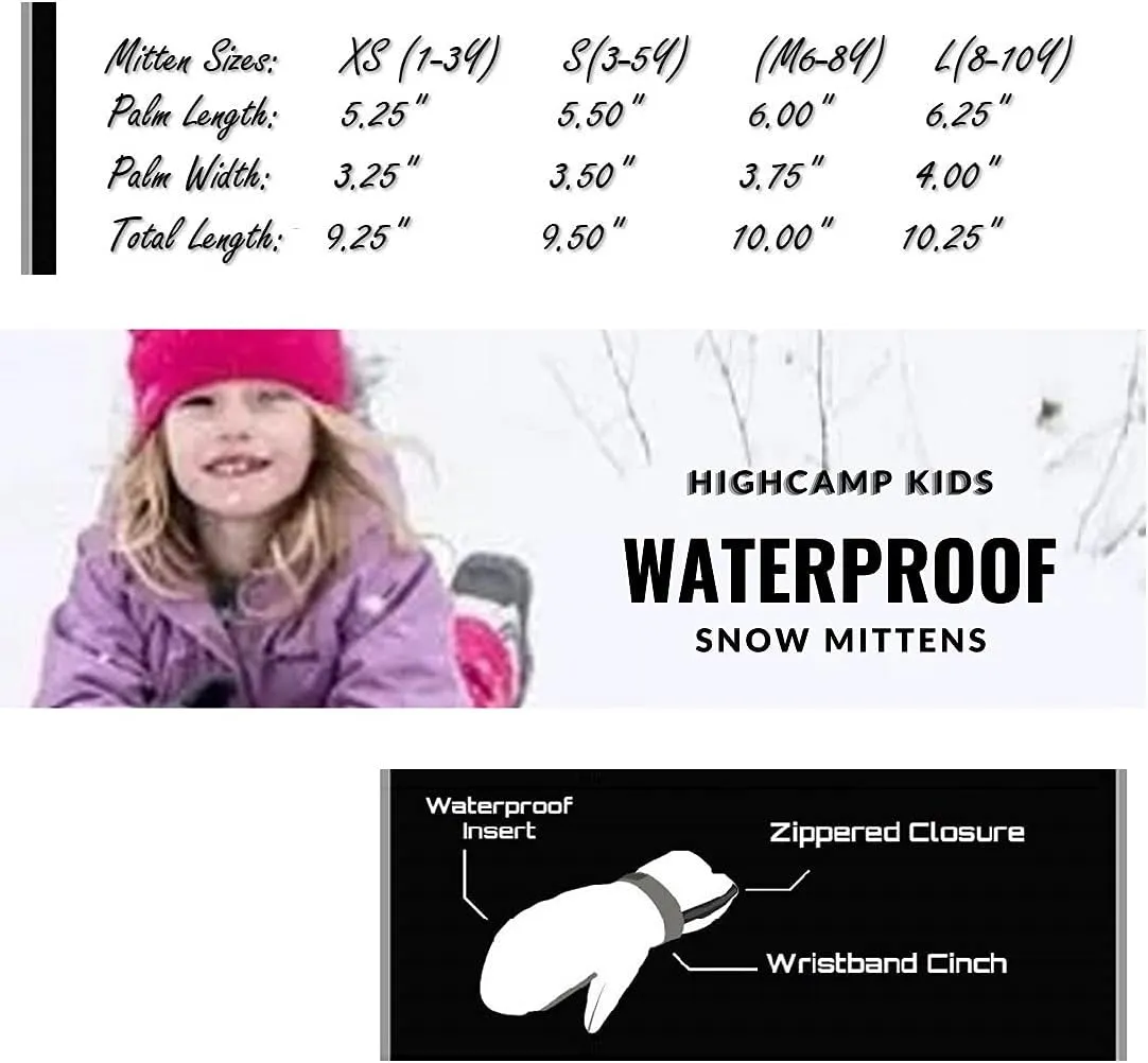 HIGHCAMP Kids Long Cuff Winter Snow Ski Mitten with Zipper Waterproof Gloves for Toddler Boys Girls