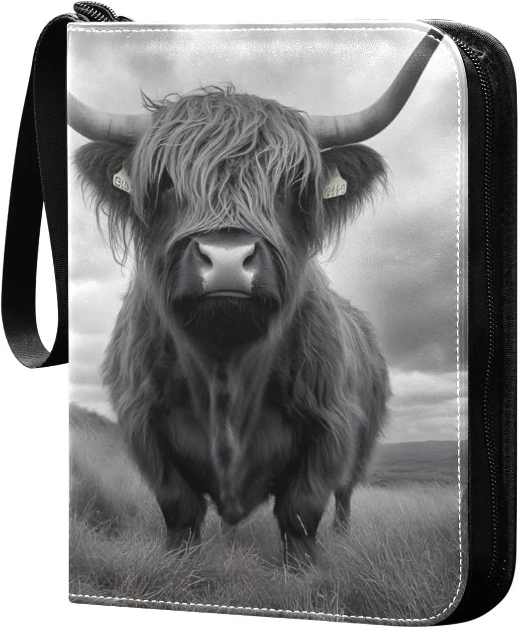 Highland Cow Gray Card Binder 4 Pocket Trading Card Album Fits 400 Sports/Game Cards, PU Cover 3 Ring Card Collection with 50 Removable Sleeves