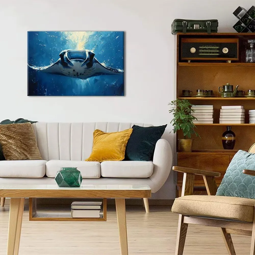 HJL Art Manta Rays Wall Art Canvas Manta Rays Swimming in the Blue Sea Prints Painting Sea Life Pictures Poster Framed for Living Room Bedroom Bathroom Office Home Wall Decor (16''W x 12''H)