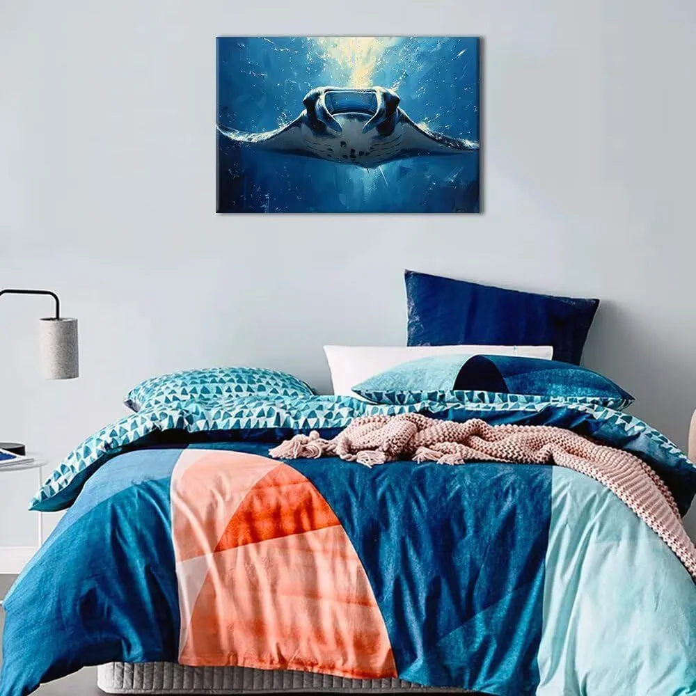 HJL Art Manta Rays Wall Art Canvas Manta Rays Swimming in the Blue Sea Prints Painting Sea Life Pictures Poster Framed for Living Room Bedroom Bathroom Office Home Wall Decor (16''W x 12''H)