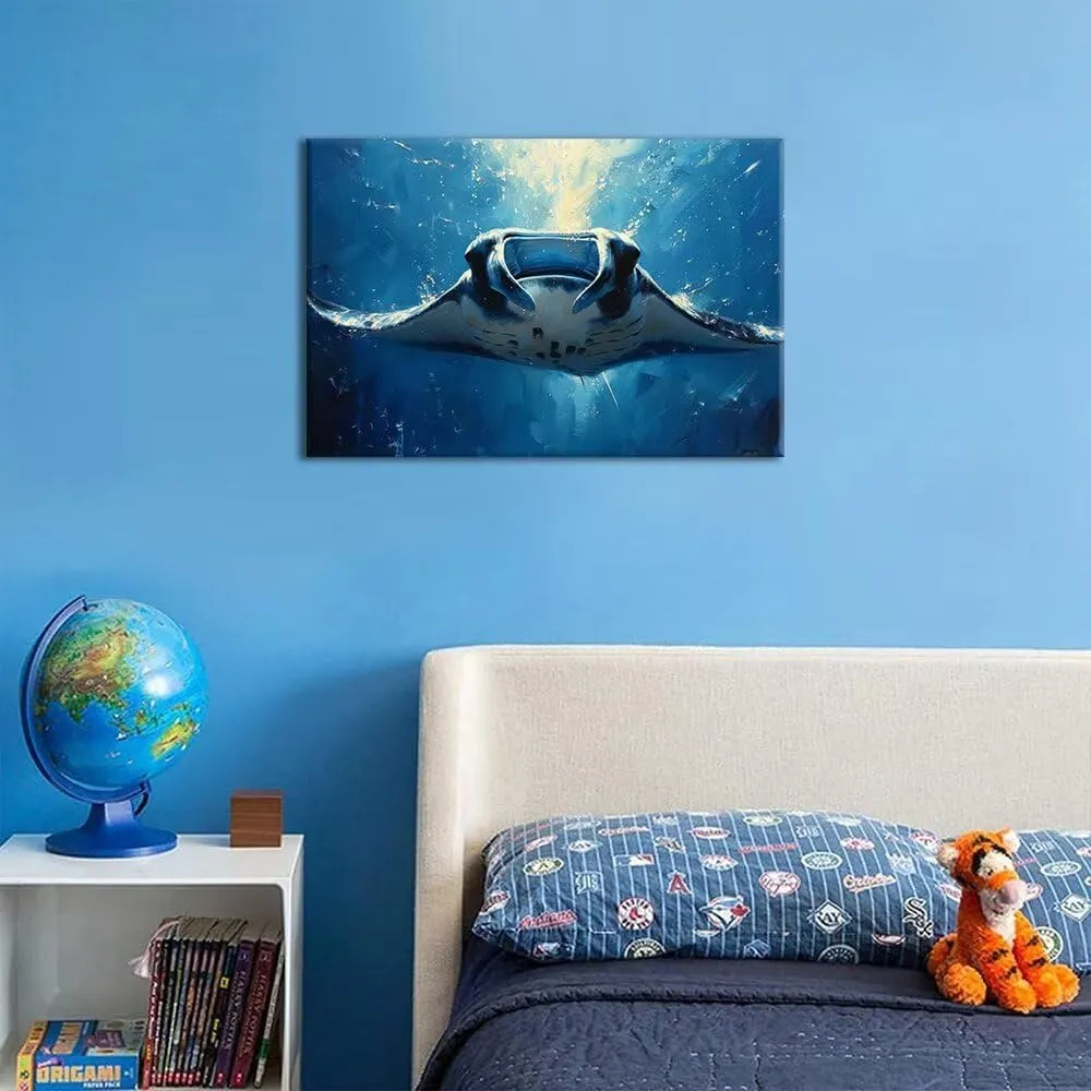 HJL Art Manta Rays Wall Art Canvas Manta Rays Swimming in the Blue Sea Prints Painting Sea Life Pictures Poster Framed for Living Room Bedroom Bathroom Office Home Wall Decor (16''W x 12''H)