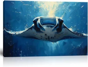 HJL Art Manta Rays Wall Art Canvas Manta Rays Swimming in the Blue Sea Prints Painting Sea Life Pictures Poster Framed for Living Room Bedroom Bathroom Office Home Wall Decor (16''W x 12''H)