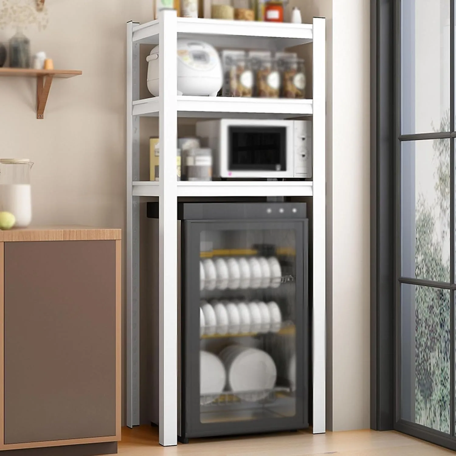 HJZALMI Microwave Oven Rack, Expandable Stand, Kitchen Utensils Tableware Storage, Adjustable Height Display Rack, Space Saving Spice Rack Pantry Storage(Black,110x40x138cm)