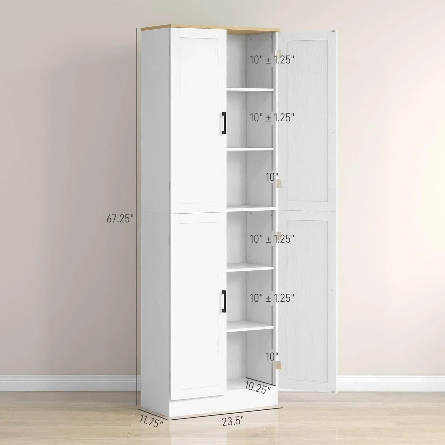 HOMCOM 67" Freestanding Kitchen Pantry, 4-Door Storage Cabinet Organizer with Adjustable Shelves, Kitchen Cabinet with Doors and Shelves, Distressed White