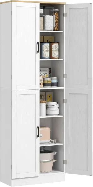 HOMCOM 67" Freestanding Kitchen Pantry, 4-Door Storage Cabinet Organizer with Adjustable Shelves, Kitchen Cabinet with Doors and Shelves, Distressed White