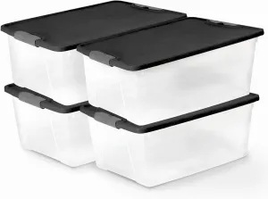 HOMZ 4-Pack Secure Latch, Clear Plastic Storage Organizer Bins, 15 Quart, Gray Lid - Stackable Container Boxes for Bedroom, Bathroom, Garage, and Office Organization