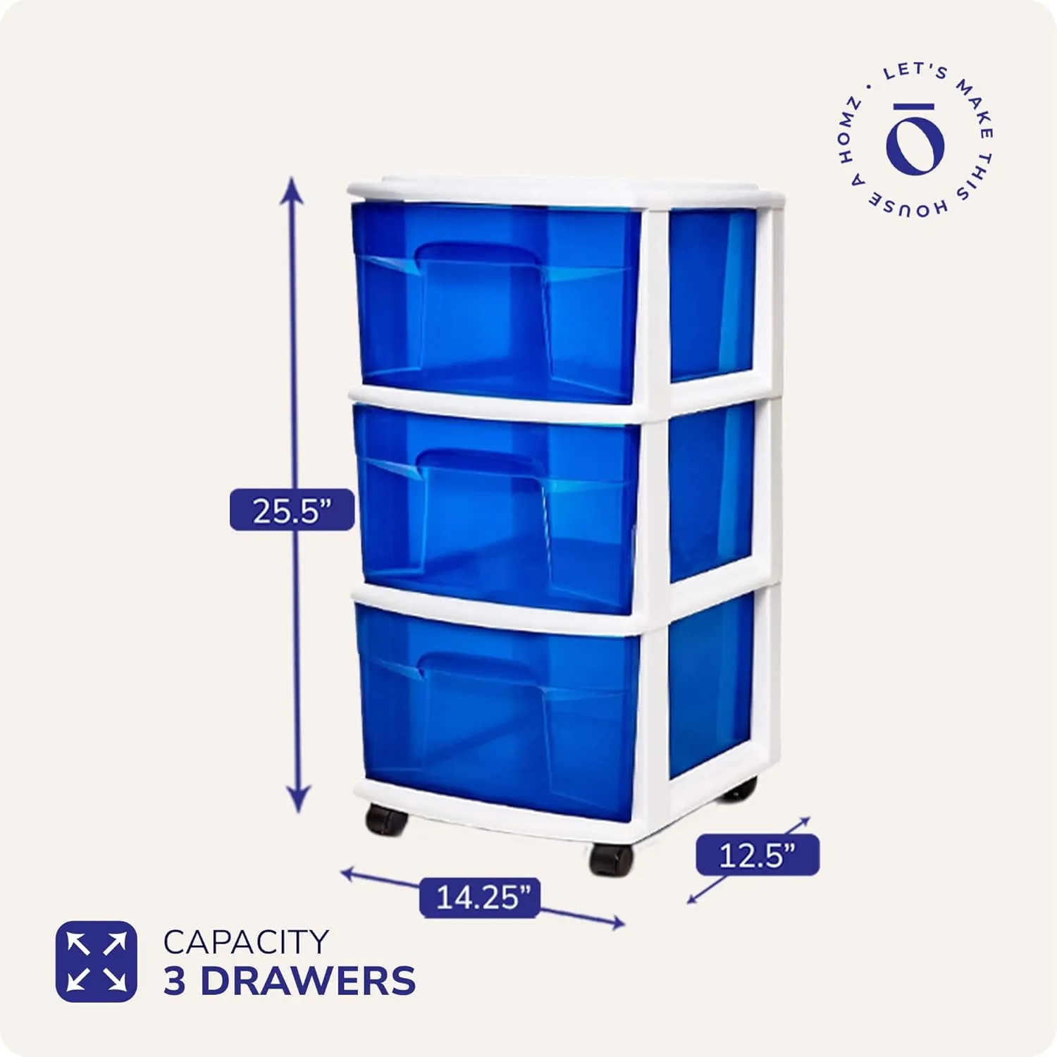 HOMZ Drawer Tower, 3-Tier Clear Blue Plastic Storage Organizer Cart, White Frame - Rolling Drawer Containers with Wheels for Bathroom, Bedroom, Office, and Classroom Organization