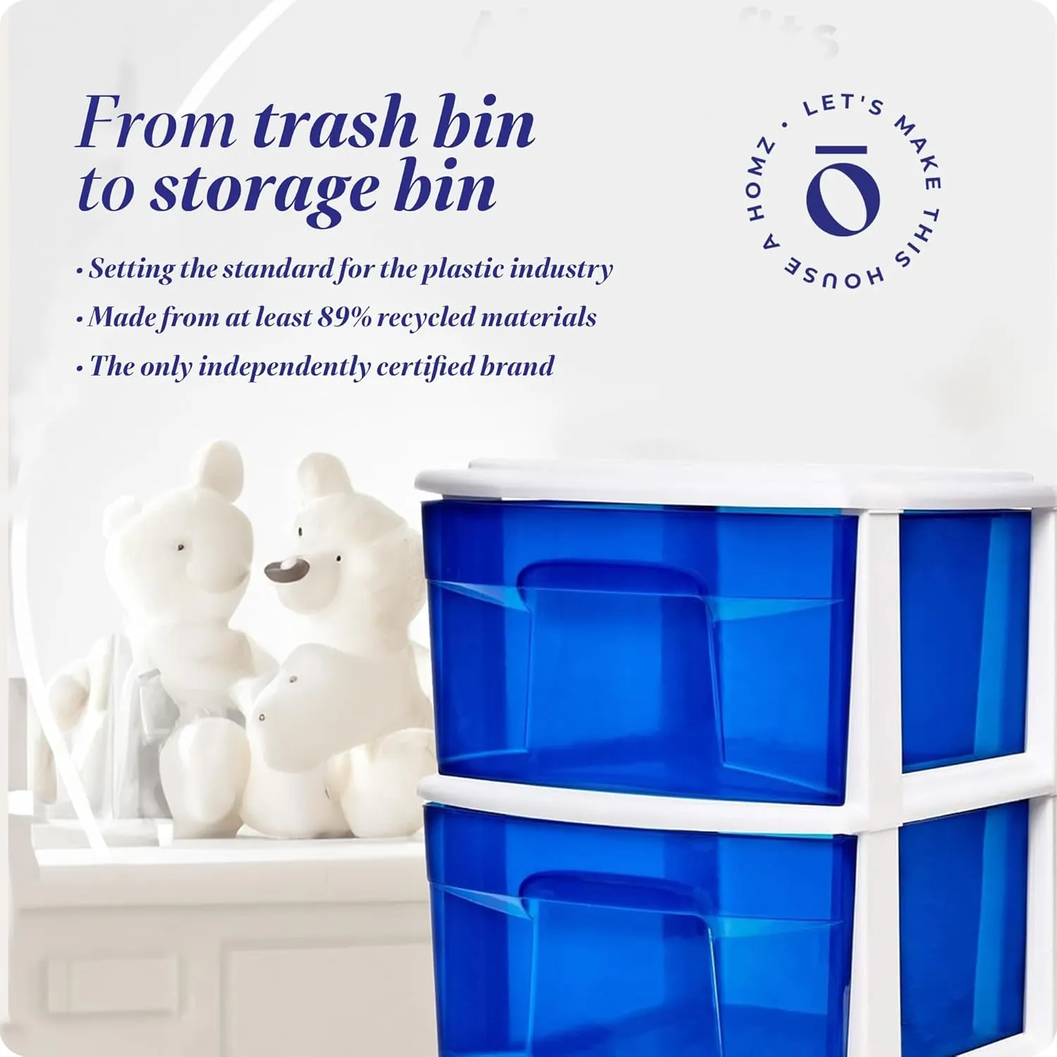 HOMZ Drawer Tower, 3-Tier Clear Blue Plastic Storage Organizer Cart, White Frame - Rolling Drawer Containers with Wheels for Bathroom, Bedroom, Office, and Classroom Organization