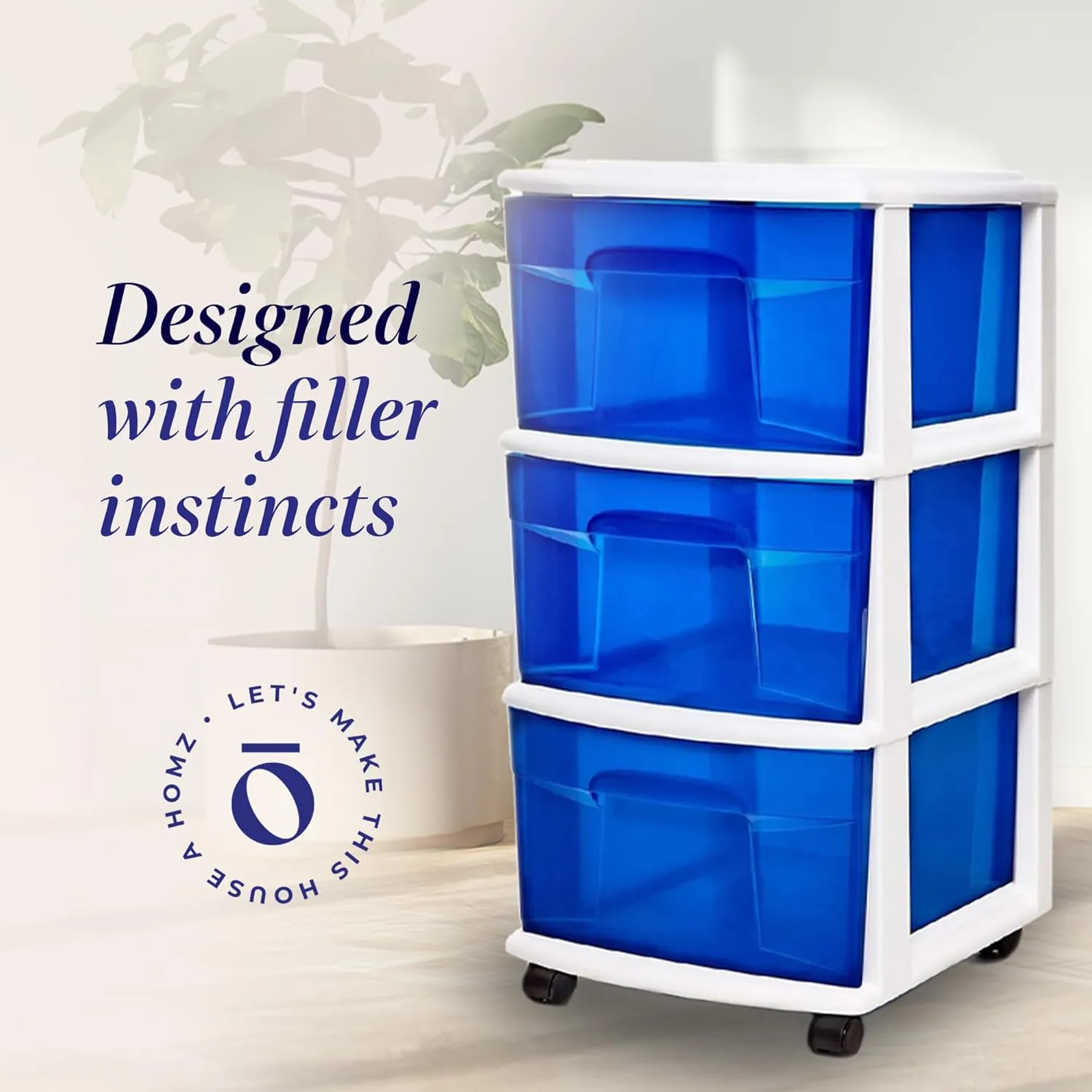 HOMZ Drawer Tower, 3-Tier Clear Blue Plastic Storage Organizer Cart, White Frame - Rolling Drawer Containers with Wheels for Bathroom, Bedroom, Office, and Classroom Organization