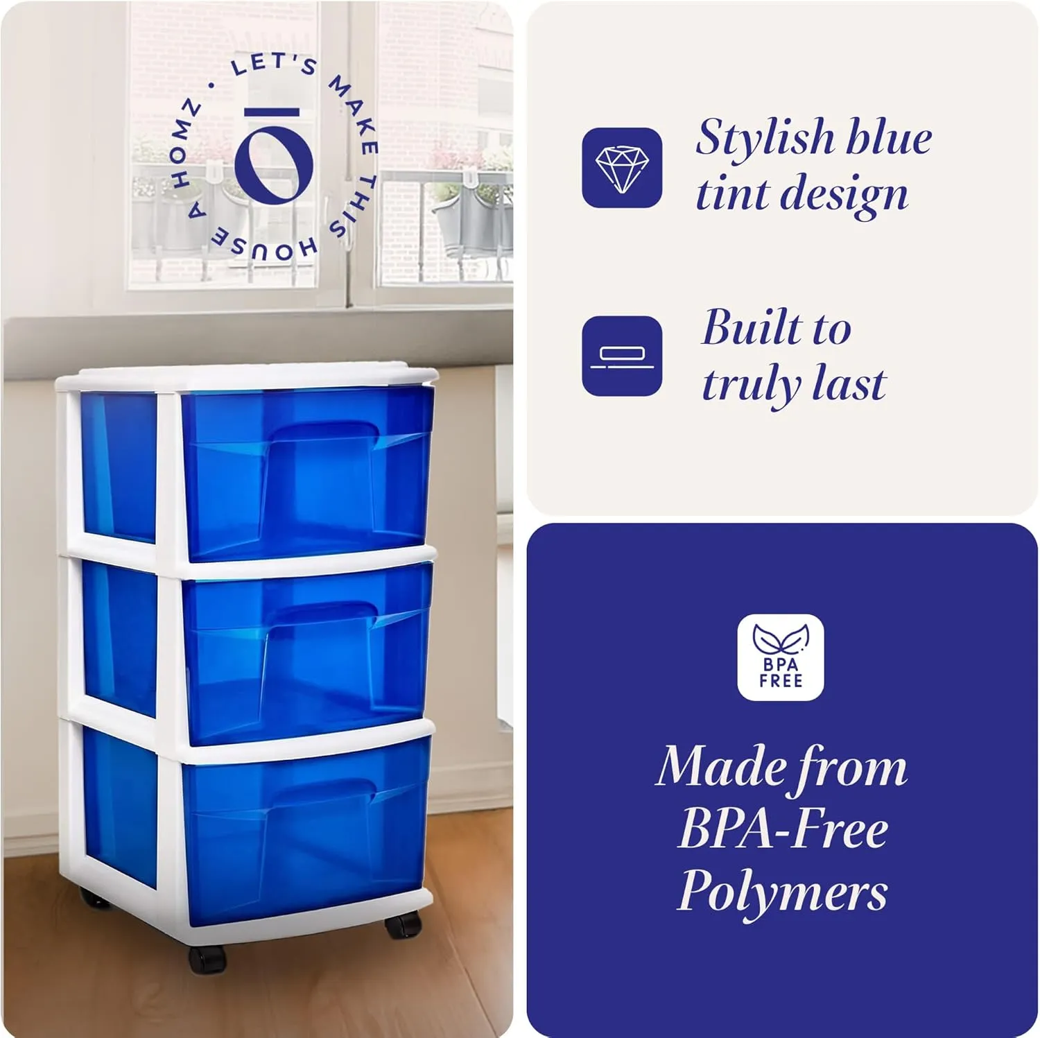 HOMZ Drawer Tower, 3-Tier Clear Blue Plastic Storage Organizer Cart, White Frame - Rolling Drawer Containers with Wheels for Bathroom, Bedroom, Office, and Classroom Organization
