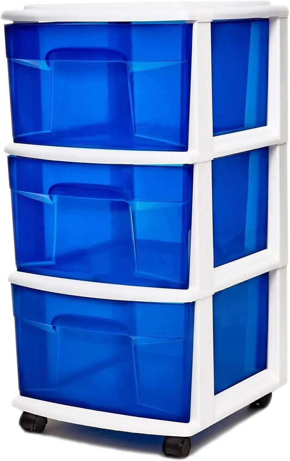HOMZ Drawer Tower, 3-Tier Clear Blue Plastic Storage Organizer Cart, White Frame - Rolling Drawer Containers with Wheels for Bathroom, Bedroom, Office, and Classroom Organization
