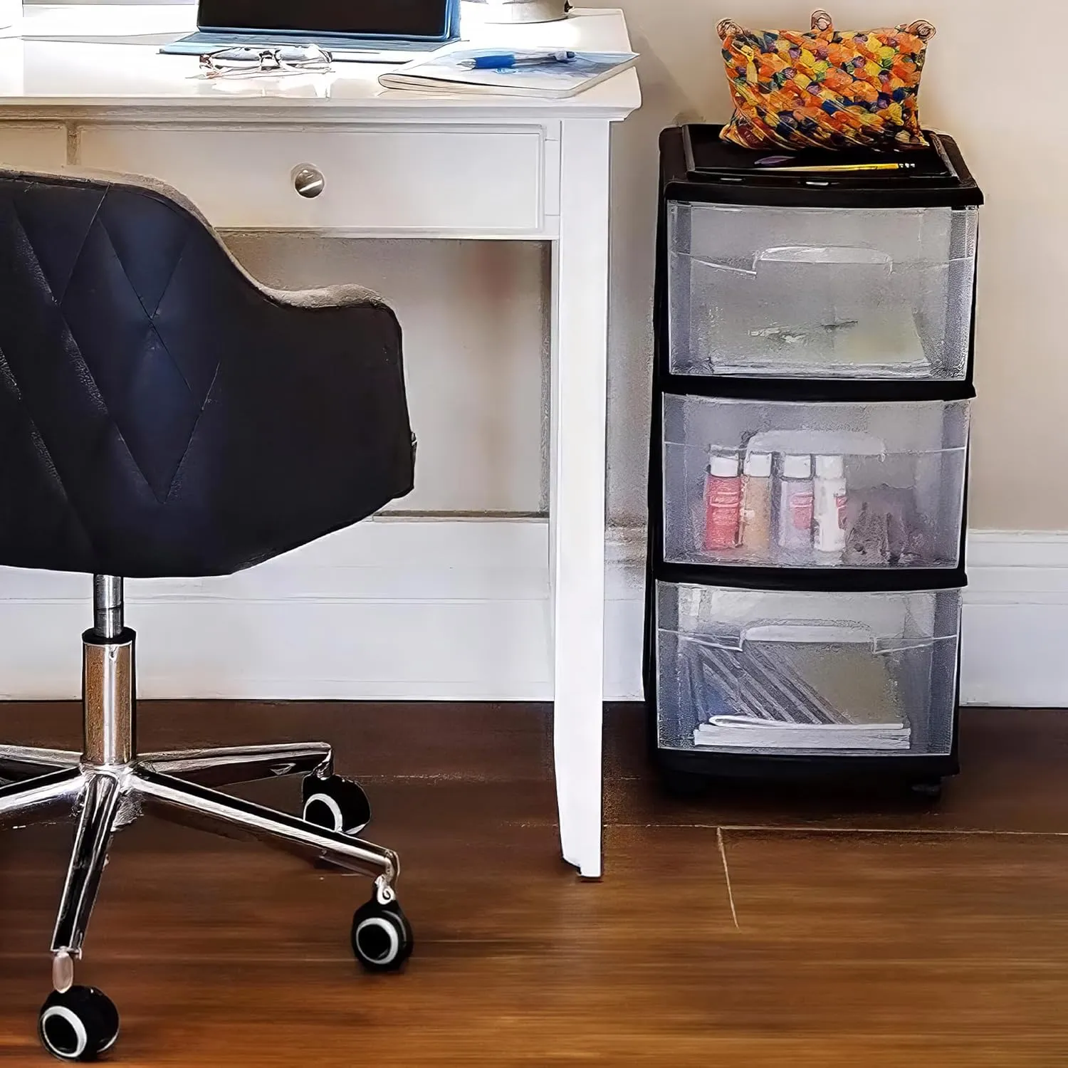 HOMZ Drawer Tower, 3-Tier Clear Plastic Storage Organizer Cart, Black Frame - Heavy-Duty Drawers with Wheels for Home, Bedroom, and Bathroom Organization