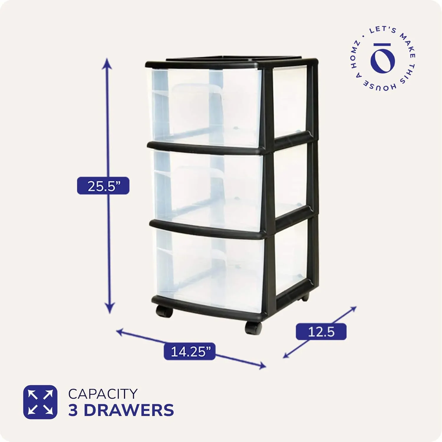 HOMZ Drawer Tower, 3-Tier Clear Plastic Storage Organizer Cart, Black Frame - Heavy-Duty Drawers with Wheels for Home, Bedroom, and Bathroom Organization