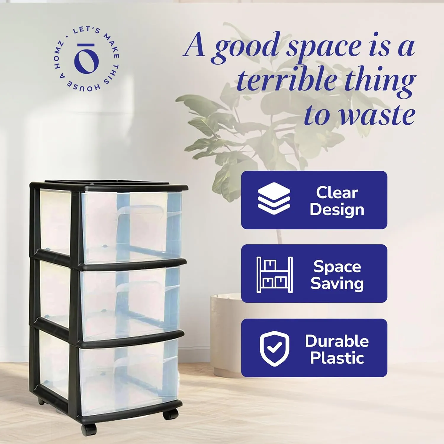 HOMZ Drawer Tower, 3-Tier Clear Plastic Storage Organizer Cart, Black Frame - Heavy-Duty Drawers with Wheels for Home, Bedroom, and Bathroom Organization