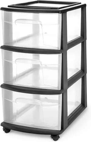 HOMZ Drawer Tower, 3-Tier Clear Plastic Storage Organizer Cart, Black Frame - Heavy-Duty Drawers with Wheels for Home, Bedroom, and Bathroom Organization