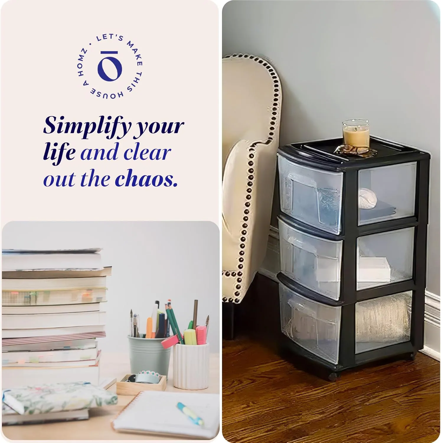 HOMZ Drawer Tower, 3-Tier Clear Plastic Storage Organizer Cart, Black Frame - Heavy-Duty Drawers with Wheels for Home, Bedroom, and Bathroom Organization