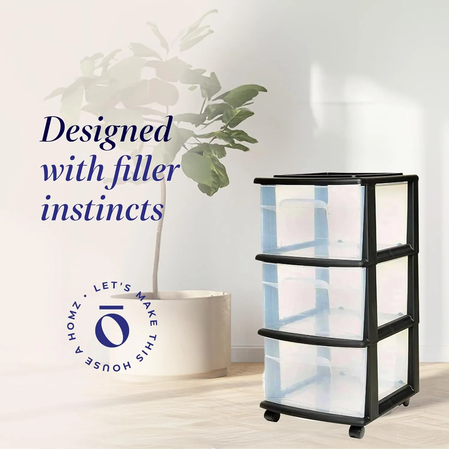 HOMZ Drawer Tower, 3-Tier Clear Plastic Storage Organizer Cart, Black Frame - Heavy-Duty Drawers with Wheels for Home, Bedroom, and Bathroom Organization