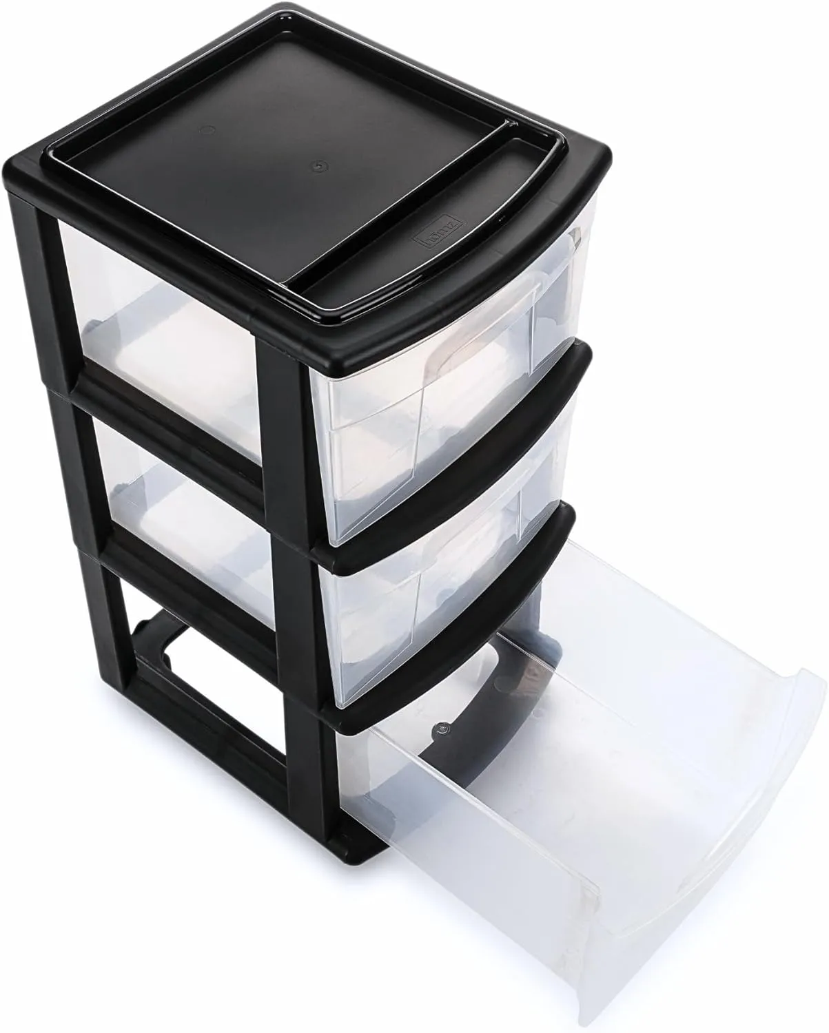 HOMZ Drawer Tower, 3-Tier Clear Plastic Storage Organizer Cart, Black Frame - Heavy-Duty Drawers with Wheels for Home, Bedroom, and Bathroom Organization